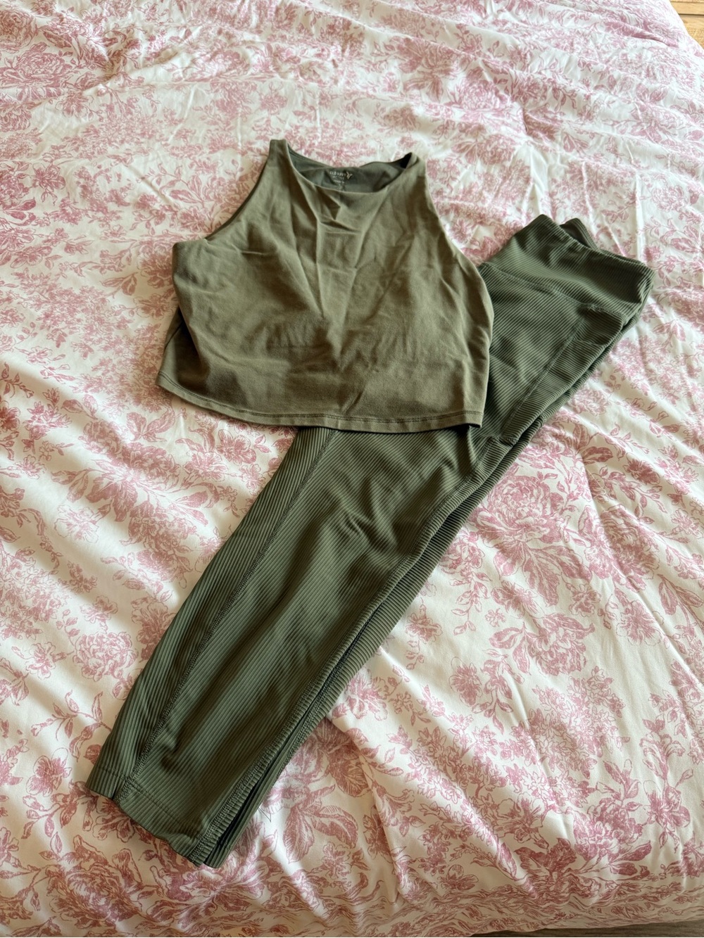Old Navy Olive Ribbed High-Waist Legging and Cropped Tank Set